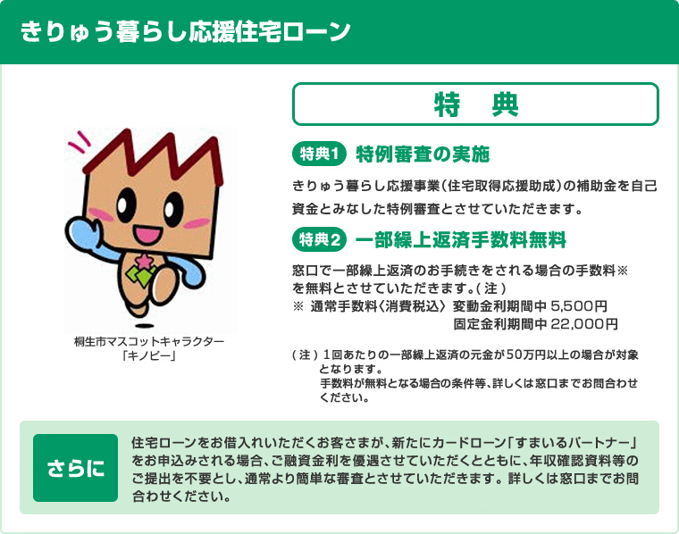 きりゅう暮らし応援住宅ローン特典1 特例審査の実施 特典2 一部繰上返済手数料無料 (注)1回あたりの一部繰上返済の元金が50万円以上の場合が対象となります。 手数料が無料となる場合の条件等、詳しくは窓口までお問合わせください。