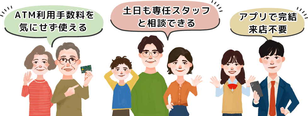 ATM利用手数料を気にせず使える 土日も専任スタッフと相談できる アプリで完結来店不要